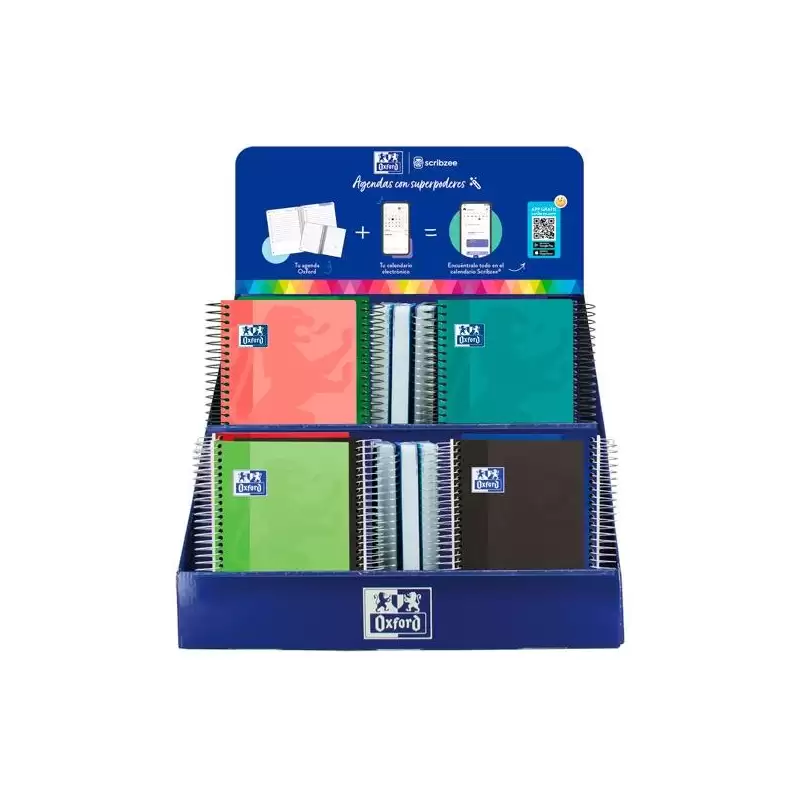 (400196670) OXFORD AGENDA ESCOLAR ESPIRAL C/SURTIDOS 2025-2026 CASTELLANO EXPOSITOR BÁSICOS 38 UD
