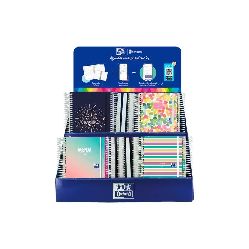 (400196671) OXFORD AGENDA ESCOLAR ESPIRAL C/SURTIDOS 2025-2026 CASTELLANO EXPOSITOR DISEÑO 38 UD