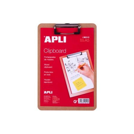 (18213) APLI CARPETA CON PINZA ALAMBRE SUPERIOR A5 BASE DE MADERA