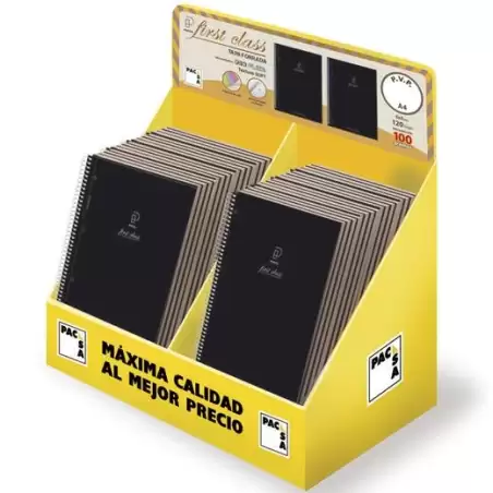 (E22-01) PACSA CUADERNO FIRST CLASS 120H A5 100GR 5X5+GRECA MICROPERFORADO EXPOSITOR 24 UD TAPA NEGRA RELIEVE ORO/PLATA