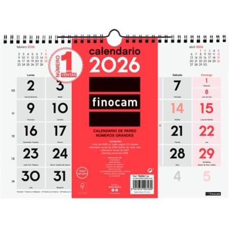 (780000026) FINOCAM CALENDARIO DE PARED NÚMEROS GRANDES M-300X210MM MV NEUTRO 2026