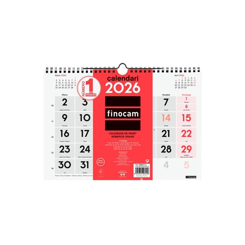 (780030026) FINOCAM CALENDARIO DE PARED NÚMEROS GRANDES M-300X210MM MV NEUTRO 2026 CATALÁN