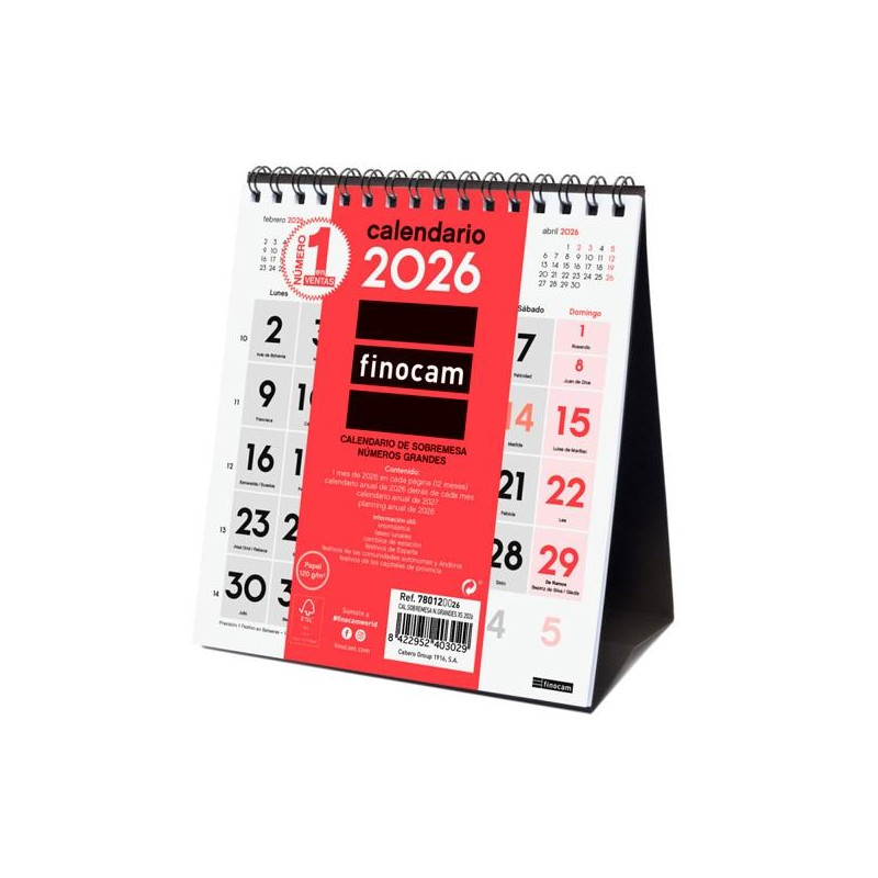 (780120026) FINOCAM CALENDARIO DE SOBREMESA NÚMEROS GRANDES XS-140X150MM MV NEUTRO 2026