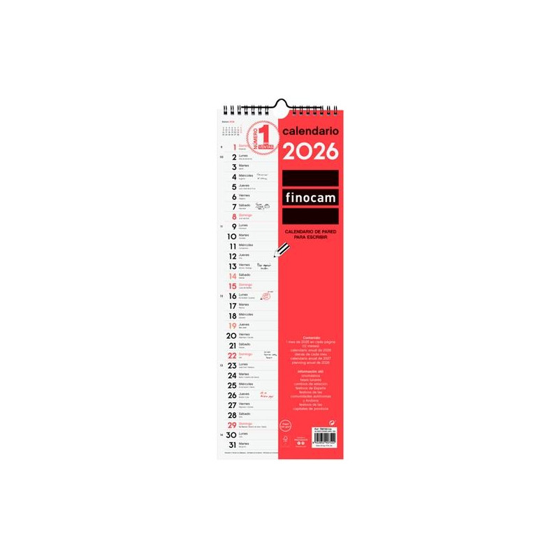 (780180026) FINOCAM CALENDARIO DE PARED PARA ESCRIBIR LARGO L-155X430MM MV NEUTRO 2026