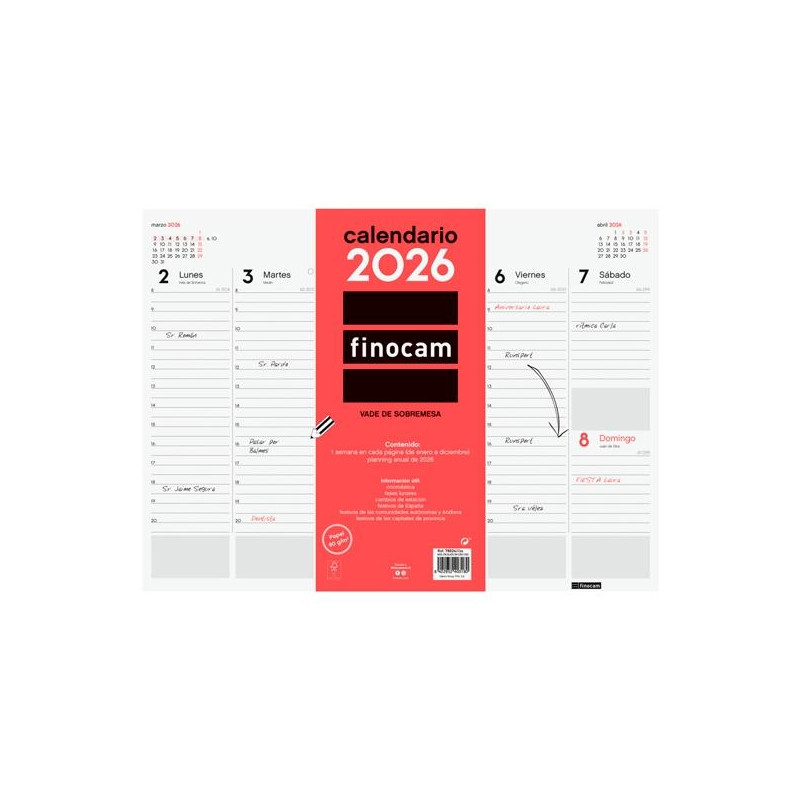 (780240026) FINOCAM VADE CALENDARIO ENCOLADO 420X310MM SVV NEUTRO 2026
