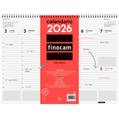 (780260026) FINOCAM VADE CALENDARIO ESPIRAL 420X310MM SVV NEUTRO 2026