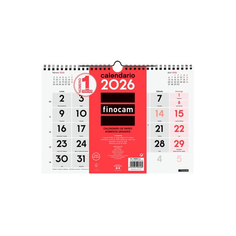 (780000026) FINOCAM CALENDARIO DE PARED NÚMEROS GRANDES M-300X210MM MV NEUTRO 2026