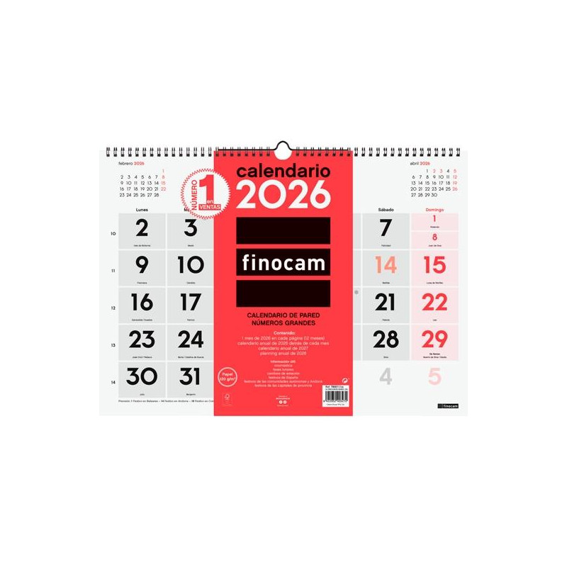 (780010026) FINOCAM CALENDARIO DE PARED NÚMEROS GRANDES L-430X310MM MV NEUTRO 2026
