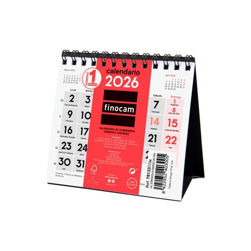 (781330026) FINOCAM CALENDARIO DE SOBREMESA NÚMEROS GRANDES XXS-110X100MM MV NEUTRO 2026