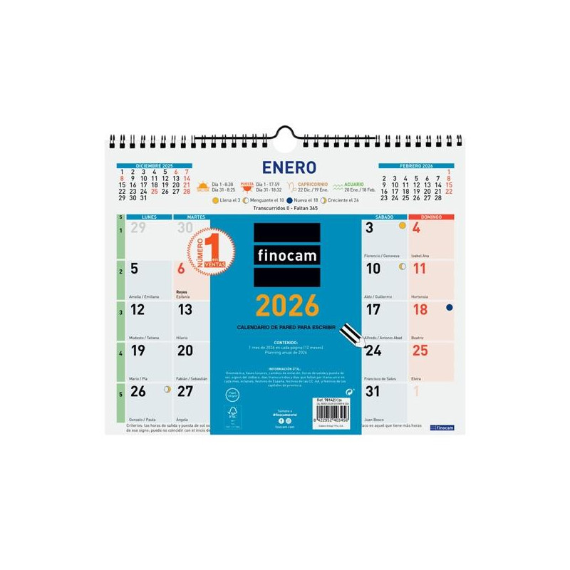 (781420026) FINOCAM CALENDARIO DE PARED NÚMEROS GRANDES M-300X247MM MV COLOR 2026