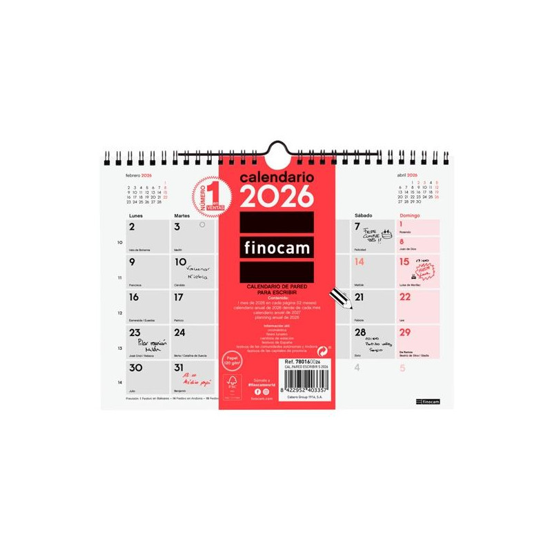 (780160026) FINOCAM CALENDARIO DE PARED PARA ESCRIBIR S-210X150MM MV NEUTRO 2026