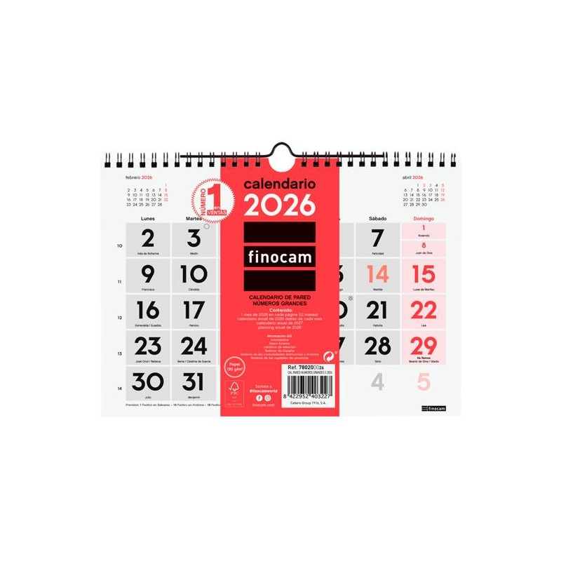 (780200026) FINOCAM CALENDARIO DE PARED NÚMEROS GRANDES S-210X150MM MV NEUTRO 2026