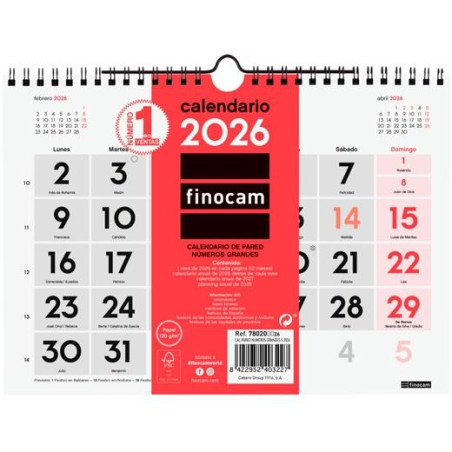 (780200026) FINOCAM CALENDARIO DE PARED NÚMEROS GRANDES S-210X150MM MV NEUTRO 2026