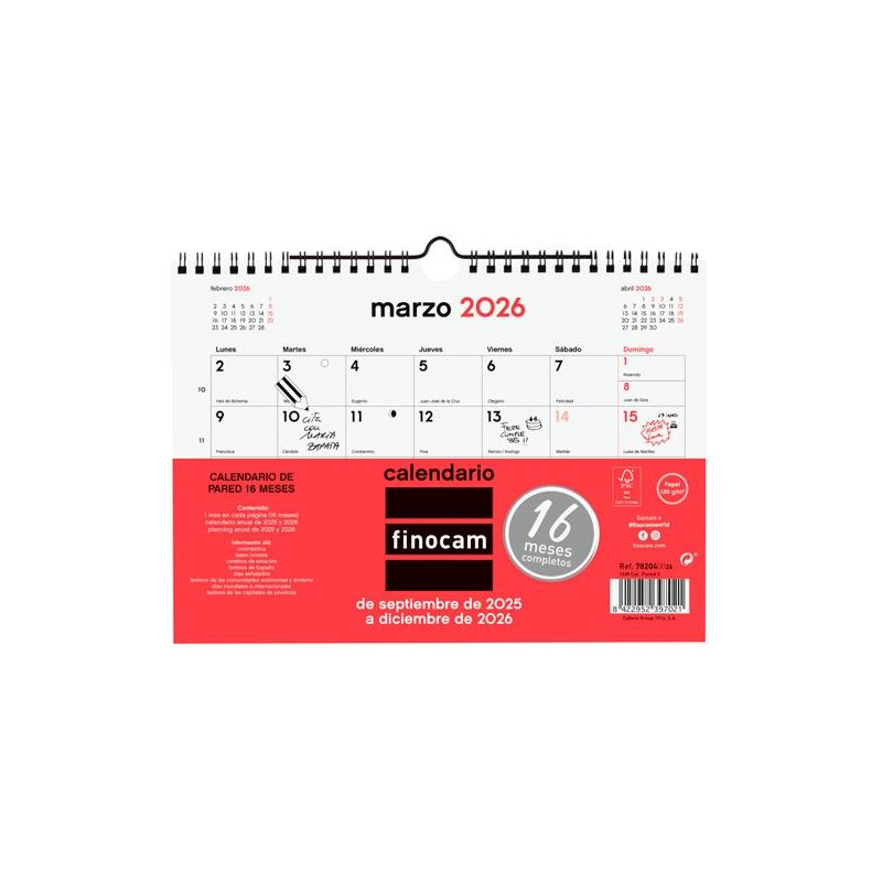 (782040026) FINOCAM CALENDARIO DE PARED 16 MESES S-210X150MM MV NEUTRO 2025-2026