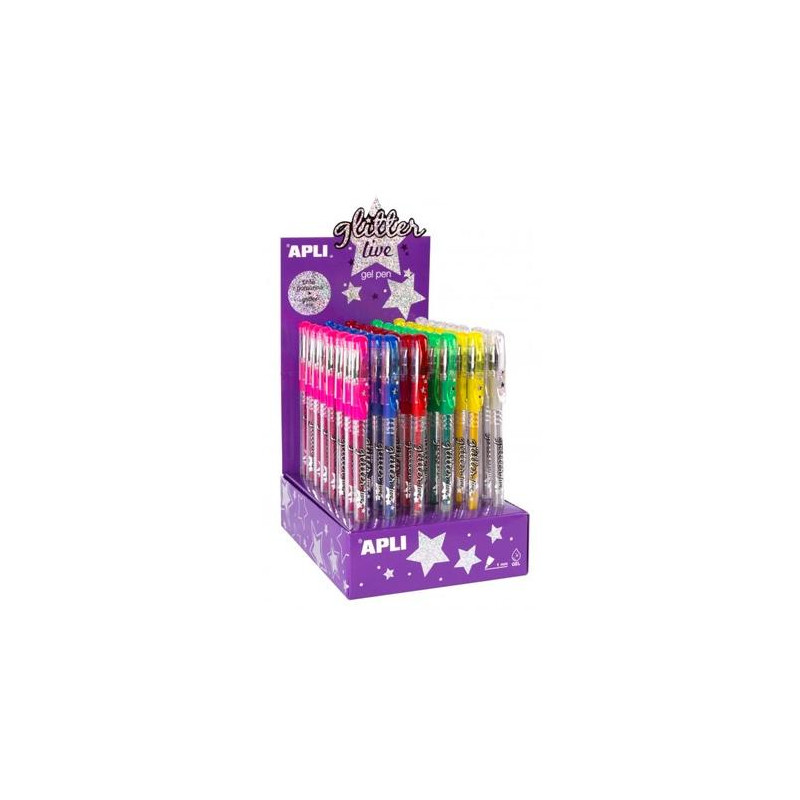 (15229) APLI BOLÍGRAFO GEL PEN GLITTER LIVE COLORES SURTIDOS -EXPOSITOR 48U-