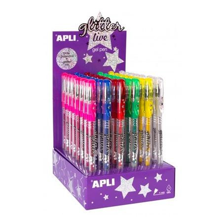 (15229) APLI BOLÍGRAFO GEL PEN GLITTER LIVE COLORES SURTIDOS -EXPOSITOR 48U-