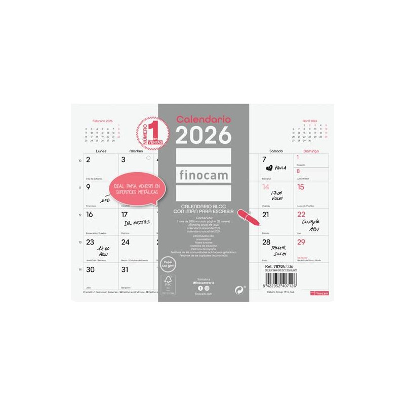 (787047326) FINOCAM CALENDARIO BLOC CON IMÁN PARA ESCRIBIR S-210X150MM MV CHIC BLANCO 2026