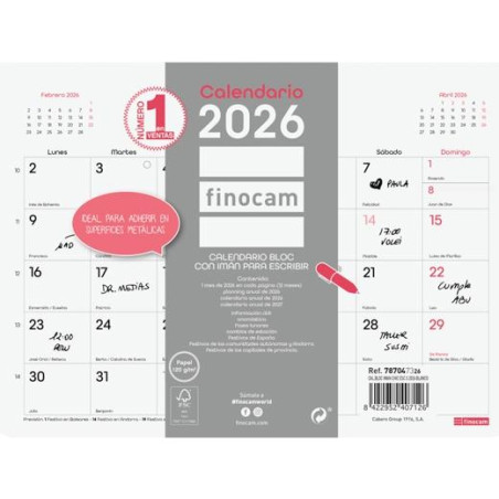 (787047326) FINOCAM CALENDARIO BLOC CON IMÁN PARA ESCRIBIR S-210X150MM MV CHIC BLANCO 2026