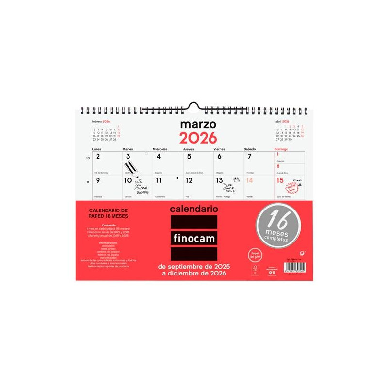 (782020026) FINOCAM CALENDARIO DE PARED 16 MESES L-340X240MM MV NEUTRO 2025-2026