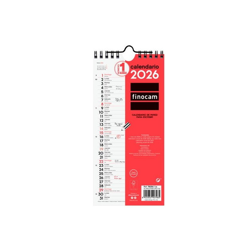 (782060026) FINOCAM CALENDARIO DE PARED PARA ESCRIBIR LARGO S-110X235MM MV NEUTRO 2026