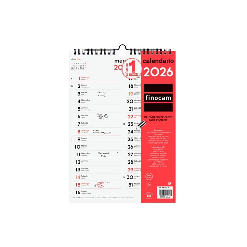 (782100026) FINOCAM CALENDARIO DE PARED PARA ESCRIBIR DOS COLUMNAS M-210X300MM MV NEUTRO 2026