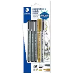 (308 SBK3P3) STAEDTLER SET CREATIVO ROTULADORES PIGMENT LINER & MARCADOR METALIZADO COLORES SURTIDOS BLISTER 5U