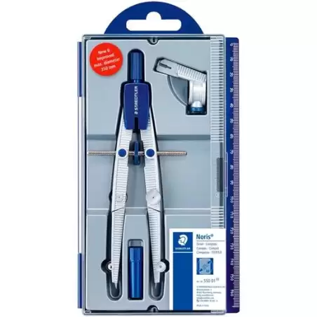 (550 01) STAEDTLER COMPÁS ESCOLAR NORIS 550 ESTUCHE CON ADAPTADOR UNIVERSAL + TUBO DE MINAS GRIS METALIZADO