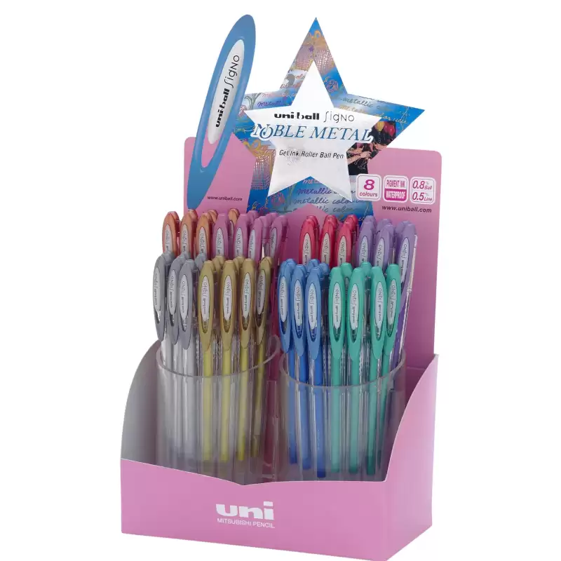(789057000) UNIBALL ROLLERBALL SIGNO NOBLE METAL UM-120NM/4D 0.8MM COLORES SURTIDOS EXPOSITOR 48 UD