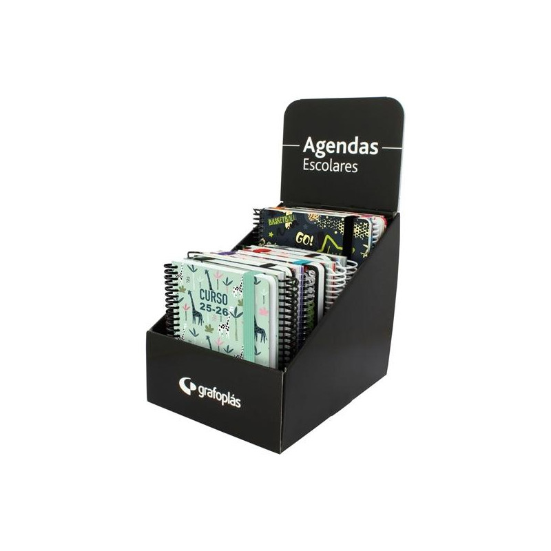 (705346) GRAFOPLÁS AGENDAS ESCOLARES A6 DP ESPIRAL TAPA FORRADA SOFT SURTIDO DISEÑO EXPOSITOR 12 UD