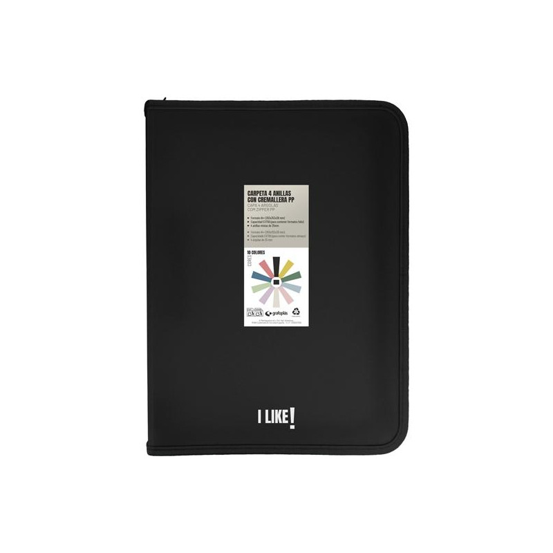 (04802910) GRAFOPLÁS CARPETA ANILLAS MIXTAS 4X25MM CON CREMALLERA I LIKE A4+ PP RÍGIDO OPACO NEGRO