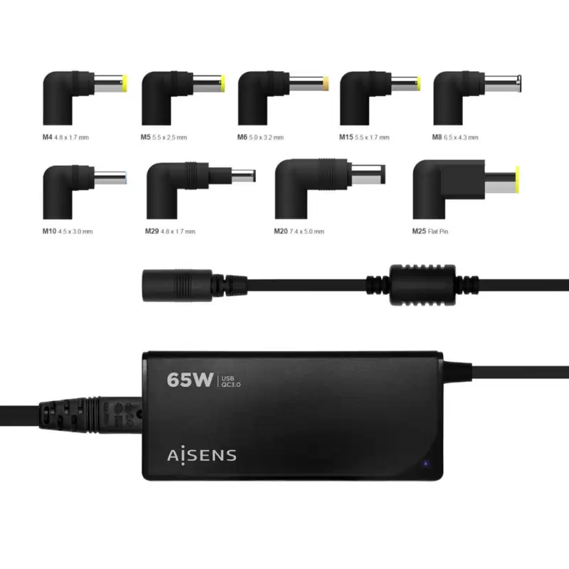 (ASLC-65WAUTO-BK) AISENS CARGADOR UNIVERSAL MULTITENSION PARA PORTATIL 65W AUTOMATICO CON 9 CONECTORES + USB-A QC.3.0