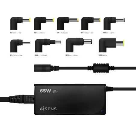 (ASLC-65WAUTO-BK) AISENS CARGADOR UNIVERSAL MULTITENSION PARA PORTATIL 65W AUTOMATICO CON 9 CONECTORES + USB-A QC.3.0