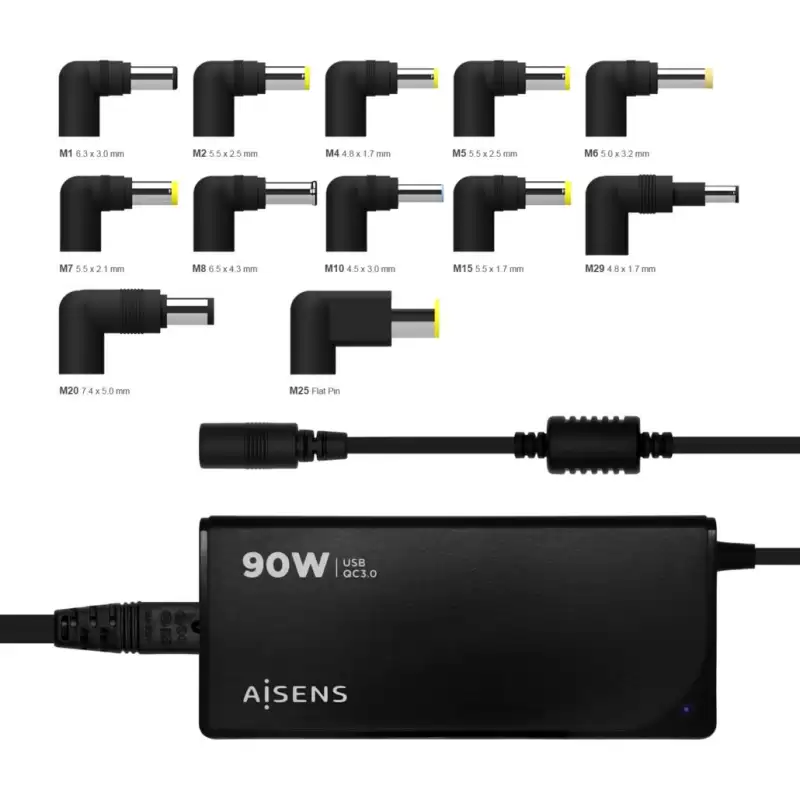 (ASLC-90WAUTO-BK) AISENS CARGADOR UNIVERSAL MULTITENSION PARA PORTATIL 90W AUTOMATICO CON 12 CONECTORES + USB-A QC.3.0