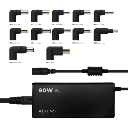 (ASLC-90WAUTO-BK) AISENS CARGADOR UNIVERSAL MULTITENSION PARA PORTATIL 90W AUTOMATICO CON 12 CONECTORES + USB-A QC.3.0