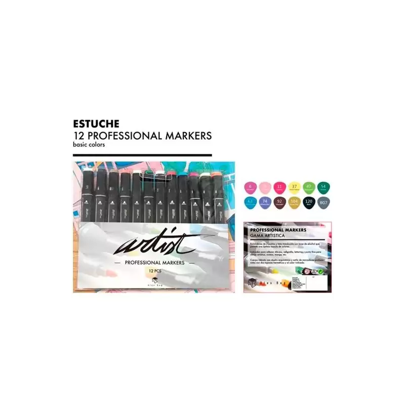 (AB-0712) ALEX BOG ROTULADORES GAMA ARTIST DOBLE PUNTA FINA/BISELADA C/SURTIDOS BÁSICOS ESTUCHE 12 UD
