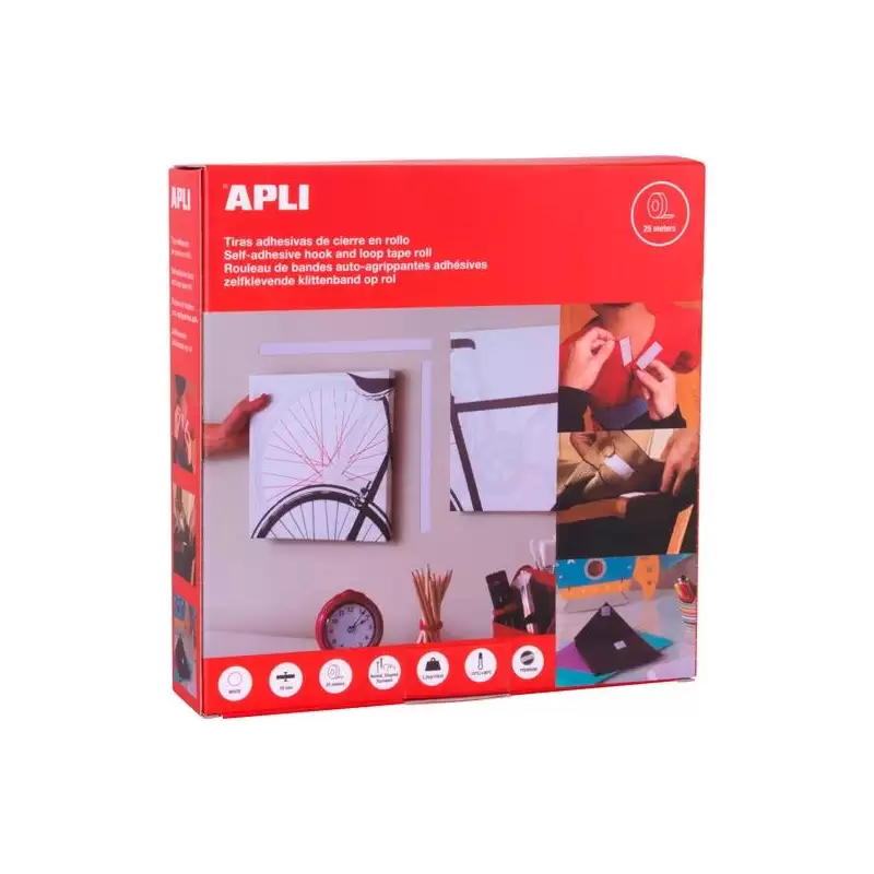 (14903) APLI CINTA GANCHO BUCLE ADHESIVA CIERRE TIPO VELCRO ROLLO 20MM X 25M BLANCO
