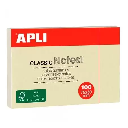 (10971) APLI BLOC NOTAS ADHESIVAS CLASSIC REPOSICIONABLES 100H 75X50 AMARILLO PACK 12 UD