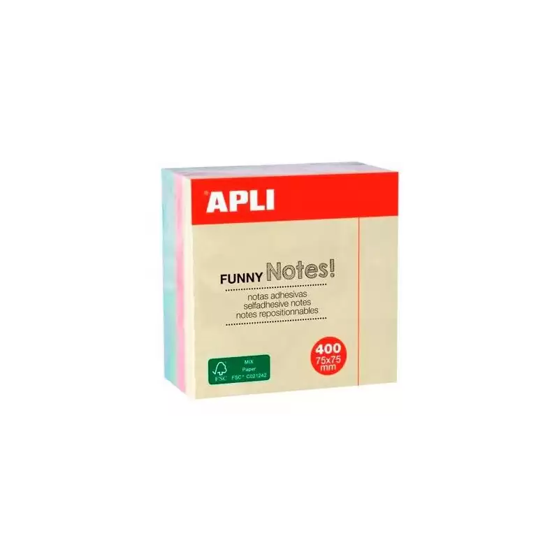 (10972) APLI CUBO DE NOTAS ADHESIVAS FUNNY 75X75MM CUBO DE 400H COLORES SURTIDOS PASTEL