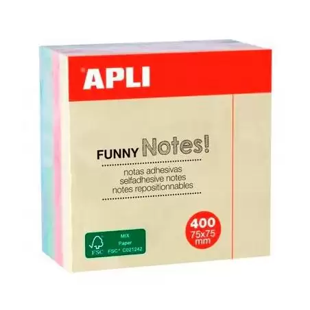 (10972) APLI CUBO DE NOTAS ADHESIVAS FUNNY 75X75MM CUBO DE 400H COLORES SURTIDOS PASTEL