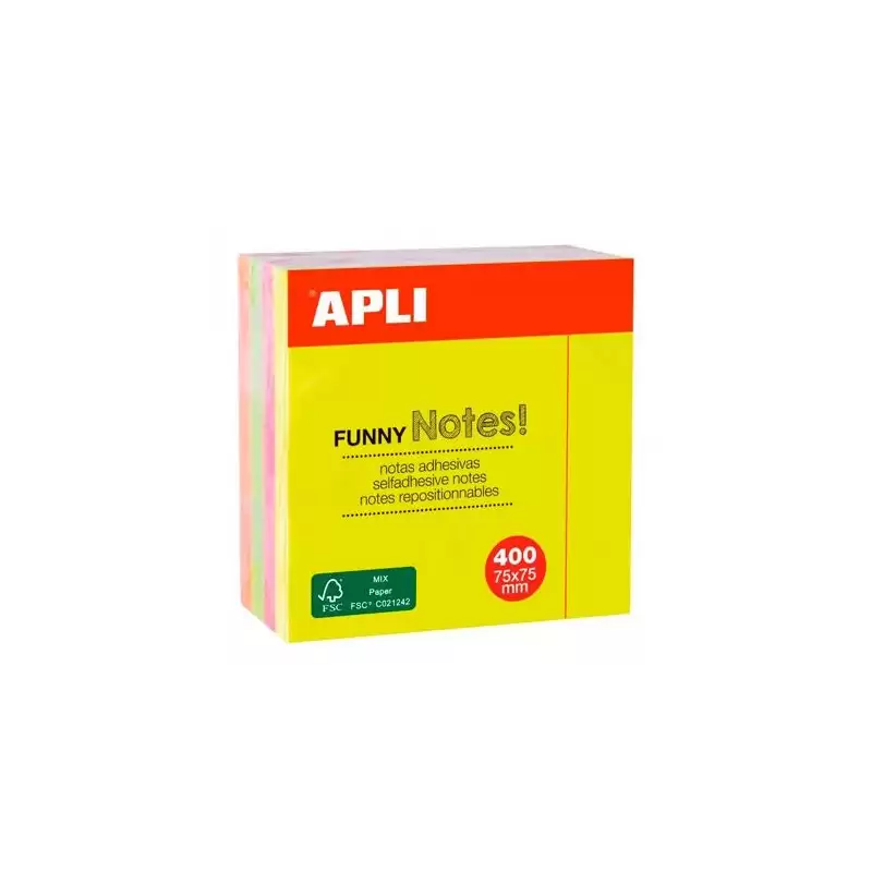 (10974) APLI CUBO DE NOTAS ADHESIVAS FUNNY 75X75MM CUBO DE 400H COLORES FLUORESCENTES SURTIDOS