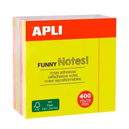 (10974) APLI CUBO DE NOTAS ADHESIVAS FUNNY 75X75MM CUBO DE 400H COLORES FLUORESCENTES SURTIDOS