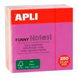 (11596) APLI CUBO DE NOTAS ADHESIVAS FUNNY 51X51MM MINI-CUBO 250H COLORES FLUORESCENTES SURTIDOS