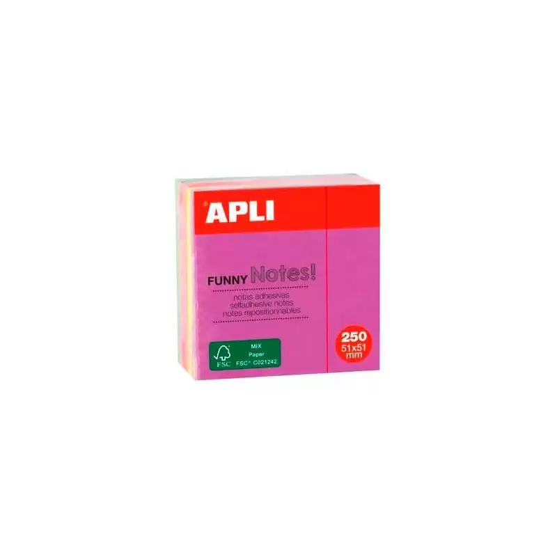 (11596) APLI CUBO DE NOTAS ADHESIVAS FUNNY 51X51MM MINI-CUBO 250H COLORES FLUORESCENTES SURTIDOS