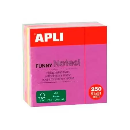 (11596) APLI CUBO DE NOTAS ADHESIVAS FUNNY 51X51MM MINI-CUBO 250H COLORES FLUORESCENTES SURTIDOS