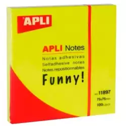 (11897) APLI BLOC NOTAS ADHESIVAS FUNNY REPOSICIONABLES 100H 75X75 AMARILLO FLUORESCENTE PACK 12 UD