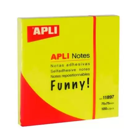 (11897) APLI BLOC NOTAS ADHESIVAS FUNNY REPOSICIONABLES 100H 75X75 AMARILLO FLUORESCENTE PACK 12 UD