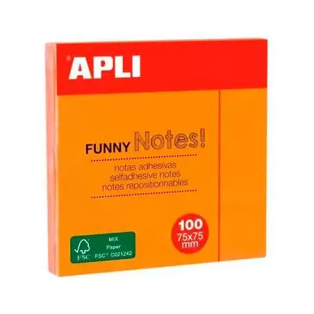 (11900) APLI BLOC NOTAS ADHESIVAS FUNNY REPOSICIONABLES 100H 75X75 NARANJA FLUORESCENTE PACK 12 UD