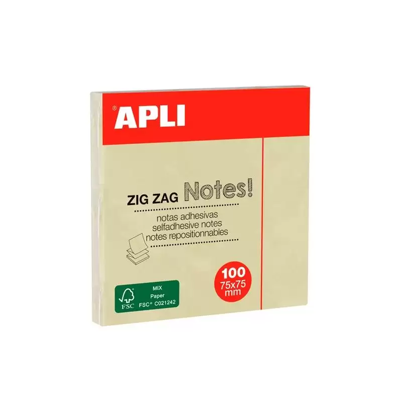 (12078) APLI NOTAS ADHESIVAS ZIGZAG CLASSIC 75X75MM BLOC 100H AMARILLO