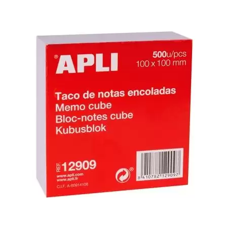 (12909) APLI TACO DE NOTAS ENCOLADAS 500H 100X100MM BLANCO