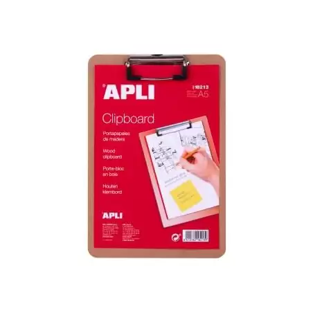 (18213) APLI CARPETA CON PINZA ALAMBRE SUPERIOR A5 BASE DE MADERA